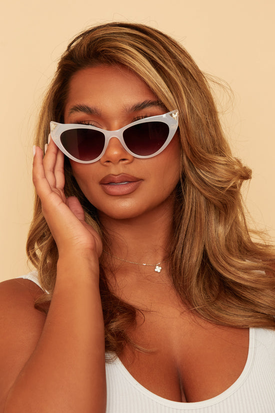 White Cat-eye Sunglasses with Stone Detail